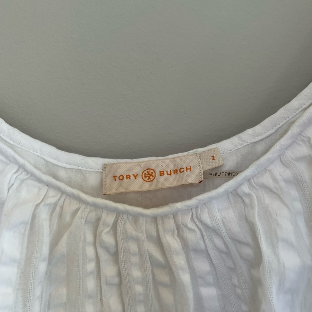 Tory Burch Off Shoulder White Cotton Seersucker Striped Ruffle Dress, size 2 - Picture 5 of 13